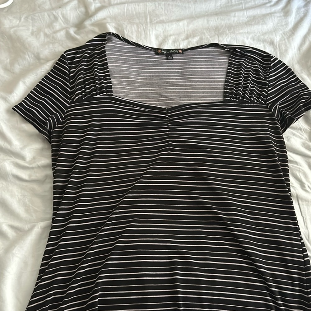Retro Square Neck Striped Short Sleeve Blouse (Size L)